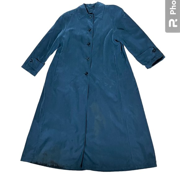 Vtg Jones New York Dark Teal Maxi Flare Trench Coat Wool & Satin Linings, Sz S/M - Picture 3 of 16